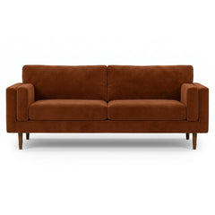 Stanton Timber Sofa in Marquis Rust velvet front view - Oregon-made mid-century modern sofa - Whats New Furniture Portland OR
