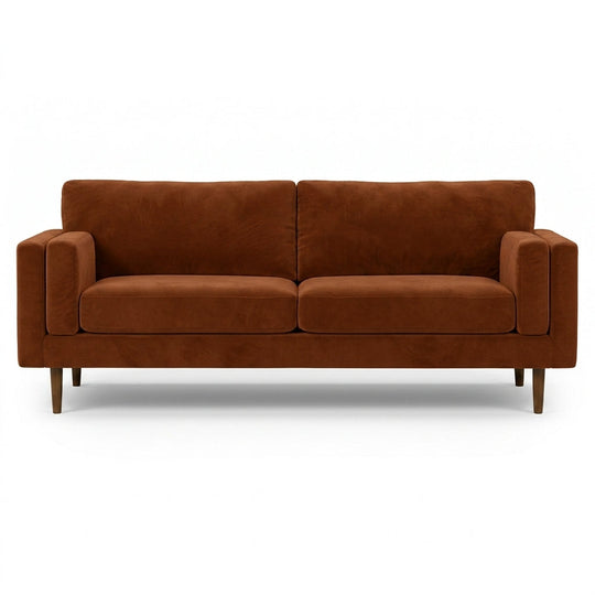 Stanton Timber Sofa in Marquis Rust velvet front view - Oregon-made mid-century modern sofa - Whats New Furniture Portland OR