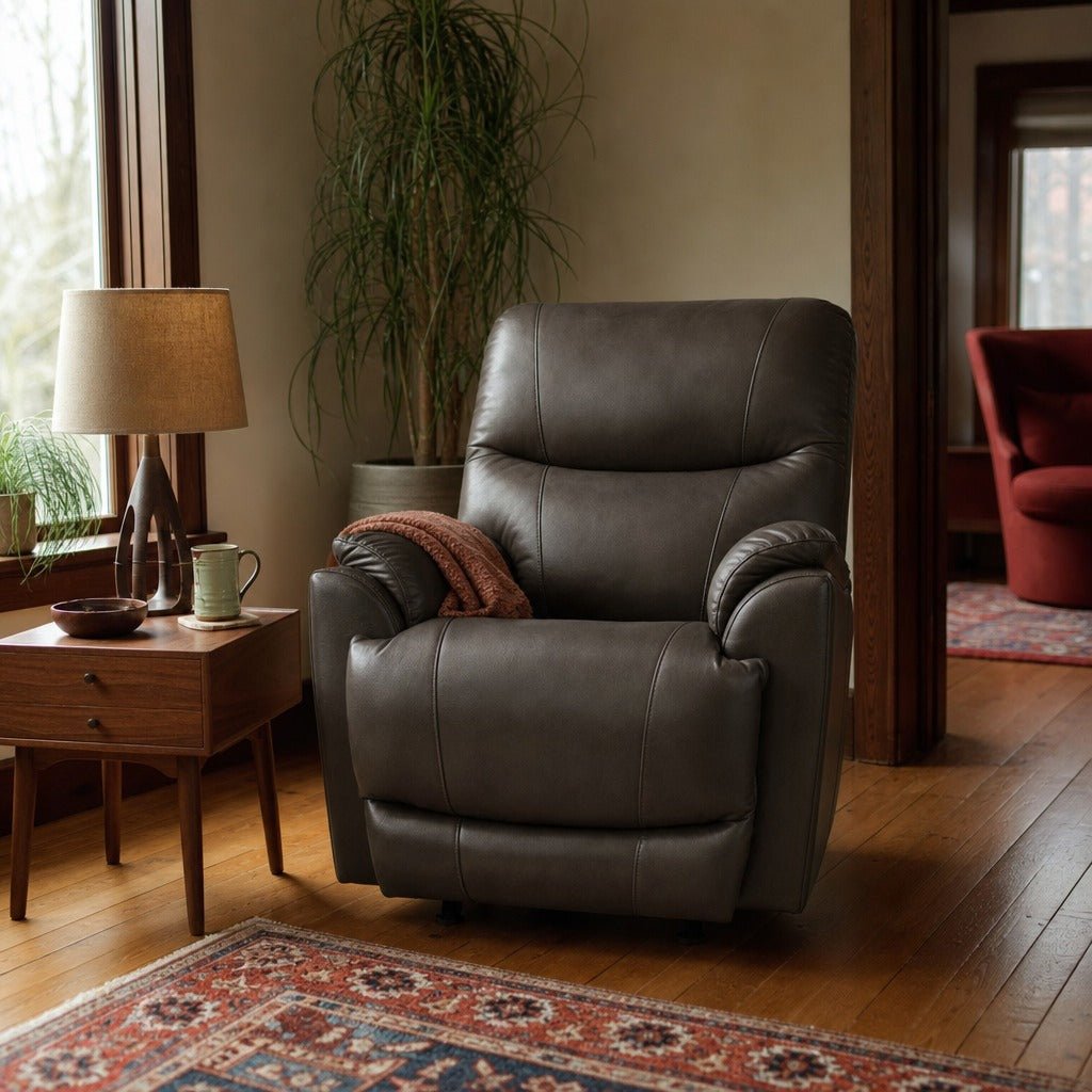 Timberline Leather Power Recliner in Delray Shiitake styled in a Portland Alberta Arts foursquare living room — What&