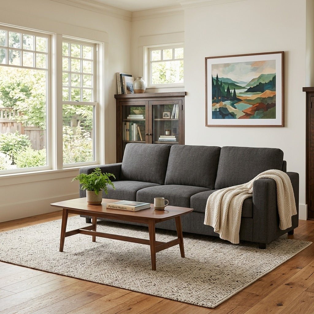 Titan Contemporary Sofa in Sensation Sterling styled in a bright Portland craftsman living room - Whats New Furniture