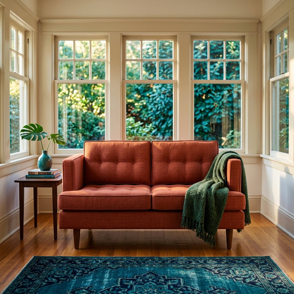 Urban Loveseat in Bennett Marmalade side angle - apartment-scale fabric loveseat by Stanton - Whats New Furniture Portland OR