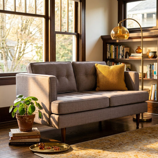 Urban Loveseat in Bennett Praline back view - apartment-scale fabric loveseat by Stanton - Whats New Furniture Portland OR