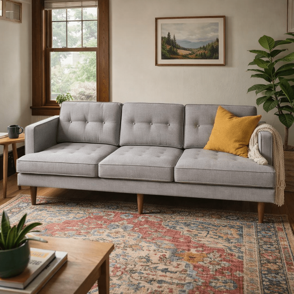Urban Sofa in Bennett Praline side angle - Oregon-made fabric sofa by Stanton - Whats New Furniture Portland OR