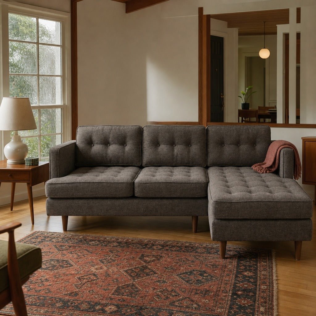 Urban Sofa Chaise in Bennett Praline styled in a Portland Garden Home ranch living room - Whats New Furniture