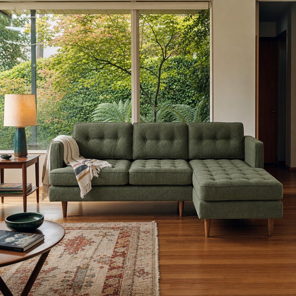 Urban Sofa Chaise in Dominator Spinach styled in a Portland Mt. Tabor mid-century ranch living room - Whats New Furniture
