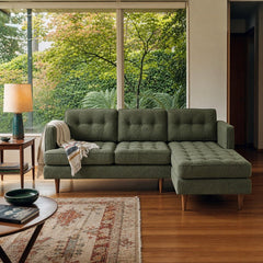 Urban Sofa Chaise in Dominator Spinach styled in a Portland Mt. Tabor mid-century ranch living room - Whats New Furniture