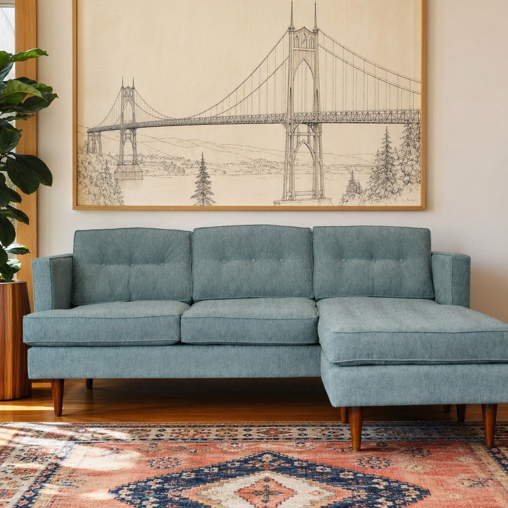 Urban Sofa Chaise styled in a bright mid-century modern Portland living room - Whats New Furniture