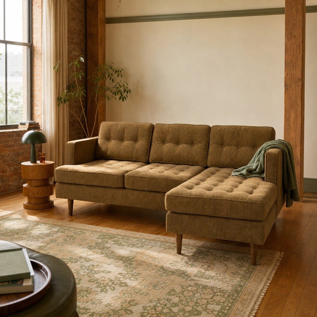 Urban Sofa Chaise in Zayn Bronze styled in a Portland warehouse loft living room - Whats New Furniture