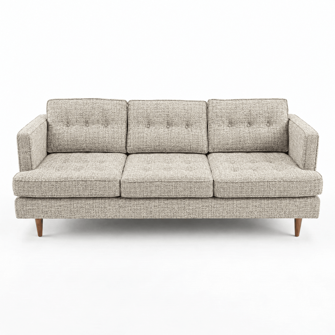 Urban Sofa in Sequoia Toast oatmeal-cream tweed fabric - button-tufted mid-century - Whats New Furniture Portland OR