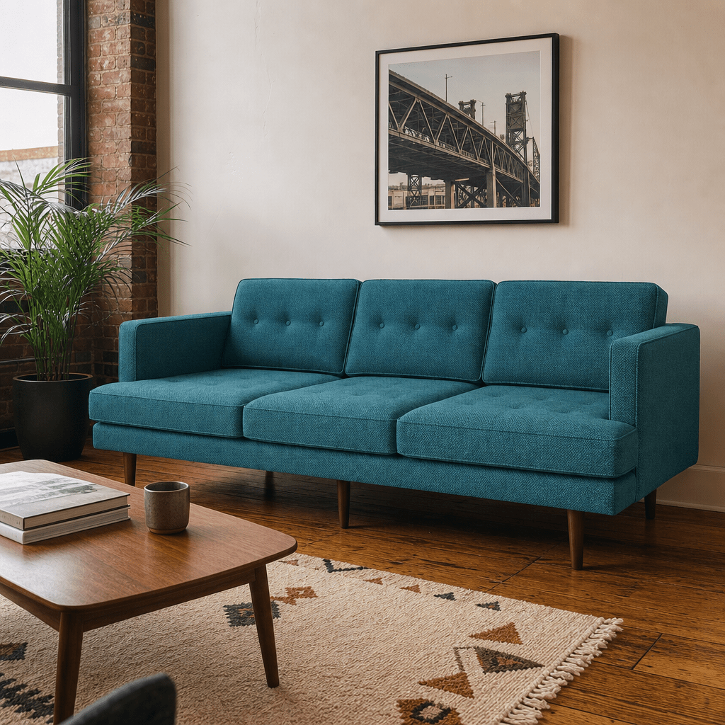 Urban Sofa in Nomad Turquoise styled in a Portland industrial loft - Whats New Furniture