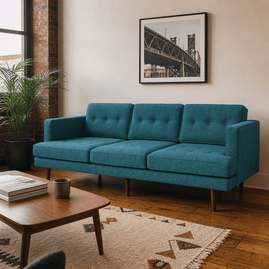 Urban Sofa in Nomad Turquoise styled in a Portland industrial loft - Whats New Furniture