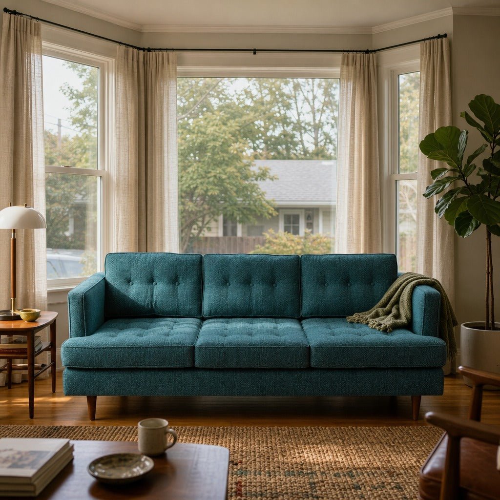 Urban Sofa in Nomad Turquoise styled in a Portland Sellwood cottage living room - Whats New Furniture
