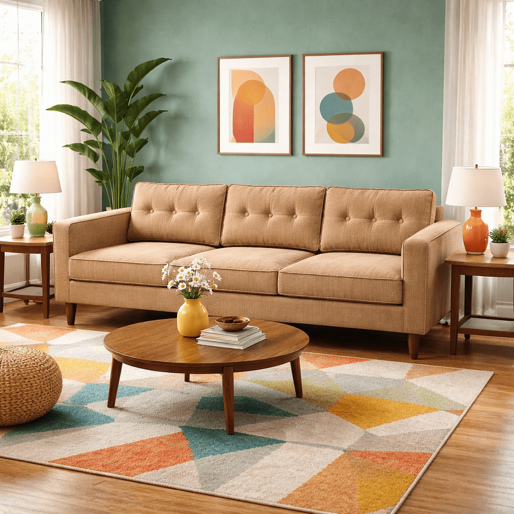 Urban Sofa in Triumph Copper lifestyle setting - Oregon-made fabric sofa by Stanton - Whats New Furniture Portland OR