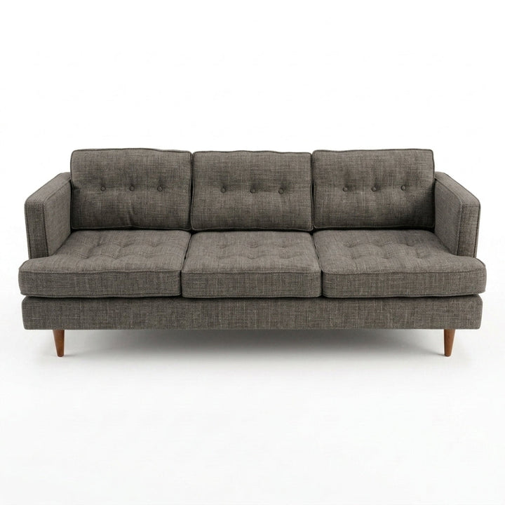 Urban Sofa in Bennett Praline warm grey-taupe woven fabric - button-tufted mid-century - Whats New Furniture Portland OR