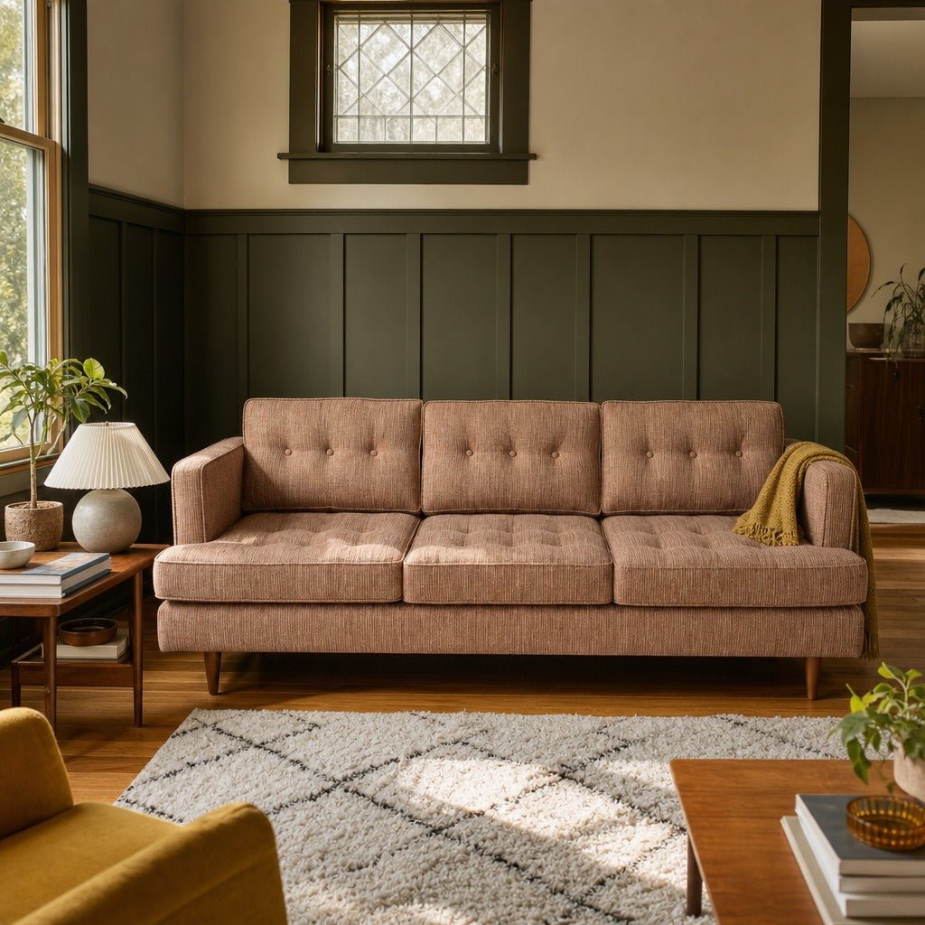 Urban Sofa in Triumph Copper styled in a Portland Hawthorne Craftsman living room - Whats New Furniture