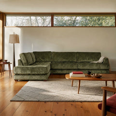 Vantage Sectional in Lush Spinach green styled in a Portland mid-century living room - Whats New Furniture
