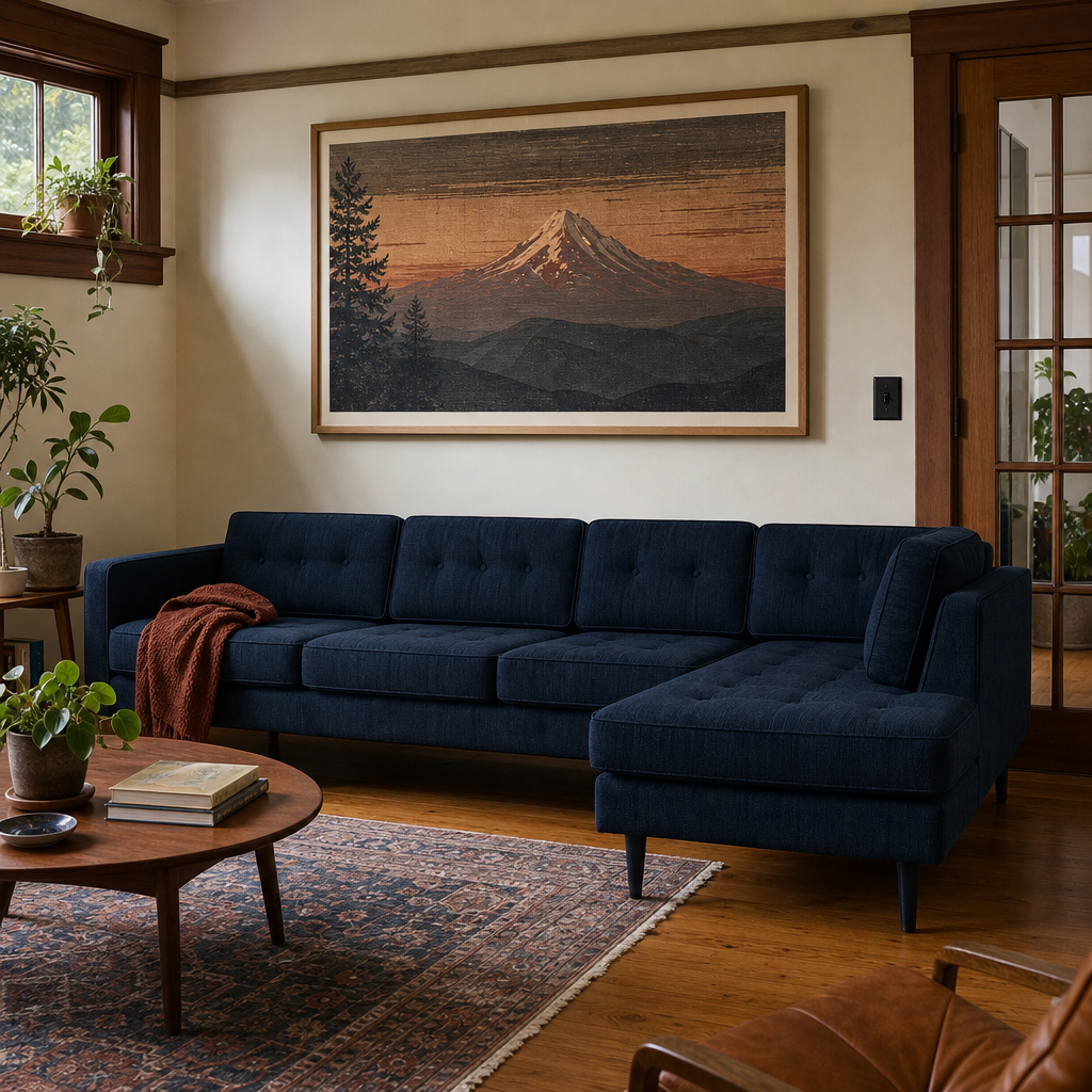 Vogue Open Chaise Sectional in Sergio Indigo room setting - Oregon-made Stanton sectional in a Portland Craftsman living room