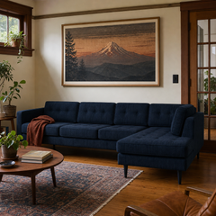 Vogue Open Chaise Sectional in Sergio Indigo room setting - Oregon-made Stanton sectional in a Portland Craftsman living room