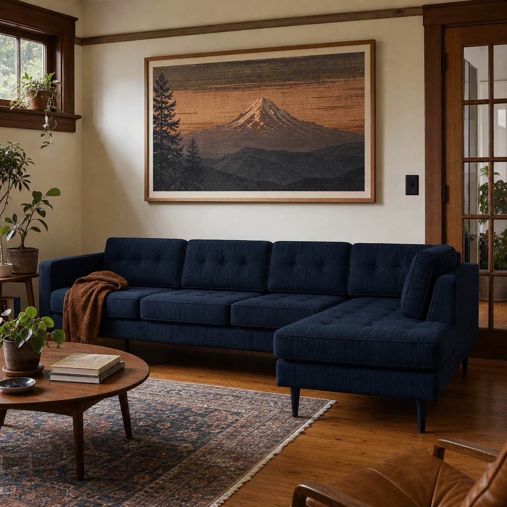 Vogue Open Chaise Sectional in Sergio Indigo room setting - Oregon-made Stanton sectional in a Portland Craftsman living room