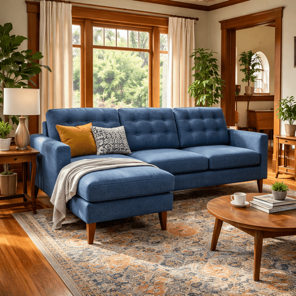 Vogue Sofa Chaise in Sensation Slate angle view - tufted compact sofa by Stanton - Whats New Furniture Portland OR