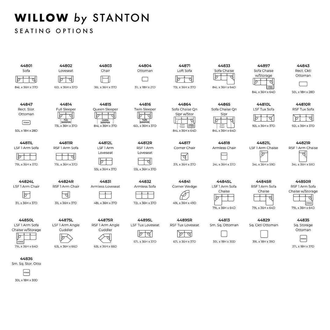 Willow Custom Sofa / Sectional and Sofa Bed dimension view - custom Stanton seating - Whats New Furniture Portland OR