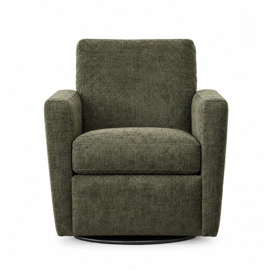 Zelda Swivel Chair in Ventana Olive - studio front view - Oregon-made swivel chair by Stanton - Whats New Furniture Portland OR