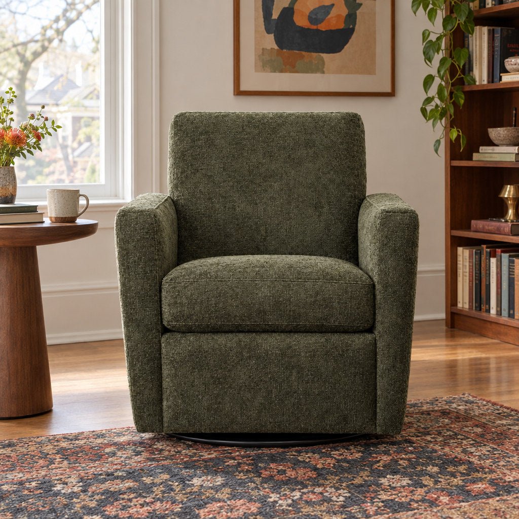 Zelda Swivel Chair in Ventana Olive styled in a Portland home - Oregon-made swivel chair by Stanton - Whats New Furniture Portland OR