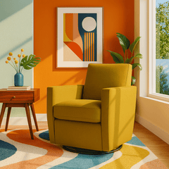 Zora Swivel Glider Chair in Stella Lemonade lifestyle setting - Oregon-made swivel glider chair by Stanton - Whats New Furniture Portland OR