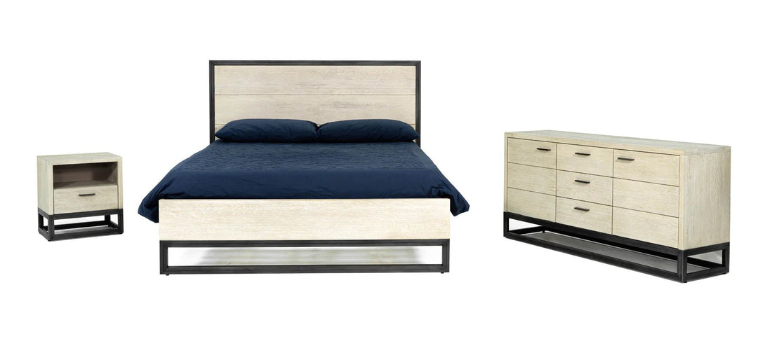 Starlight King Bed Frame in White Washed dressed front view - king white washed oak bed frame by LH Imports - Whats New Furniture Portland OR