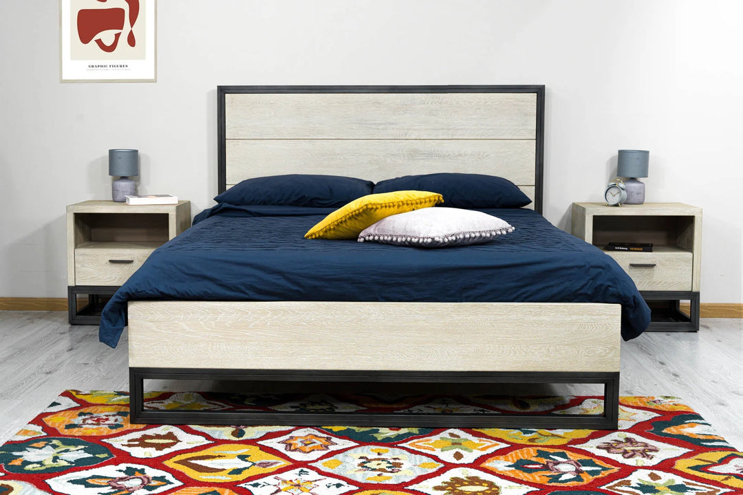 Starlight King Bed Frame in White Washed room setting - king white washed oak bed frame by LH Imports - Whats New Furniture Portland OR