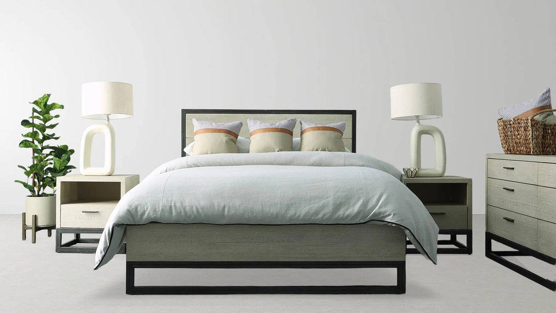 Starlight King Bed Frame in White Washed secondary lifestyle setting - king white washed oak bed frame by LH Imports - Whats New Furniture Portland OR