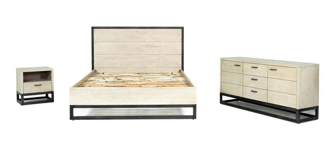 Starlight King Bed Frame in White Washed showroom view - king white washed oak bed frame by LH Imports - Whats New Furniture Portland OR