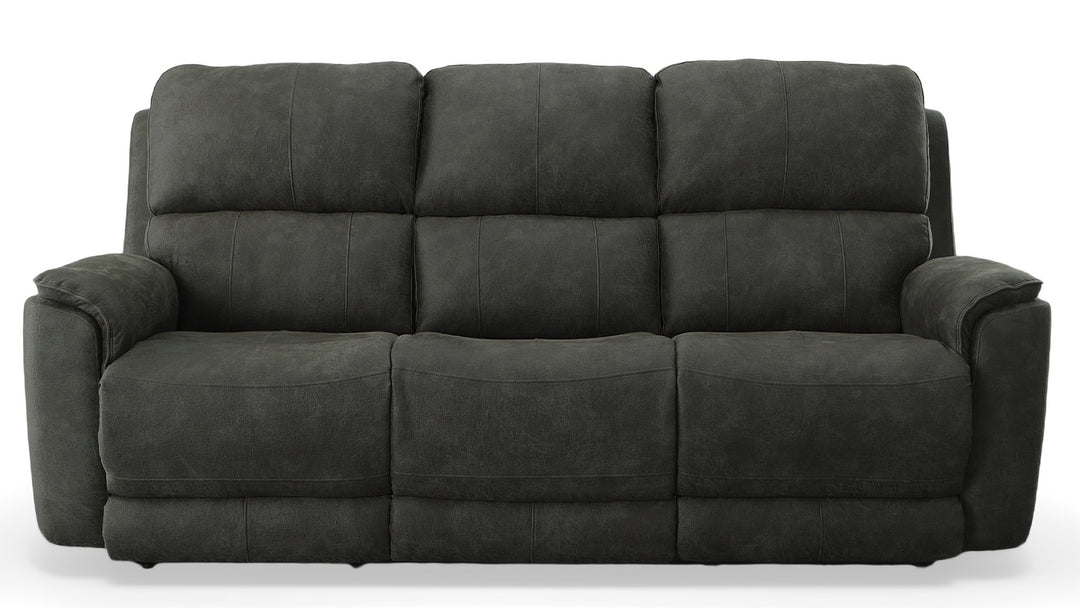 Steens reclining sofa front view — Oregon-made custom fabric sofa