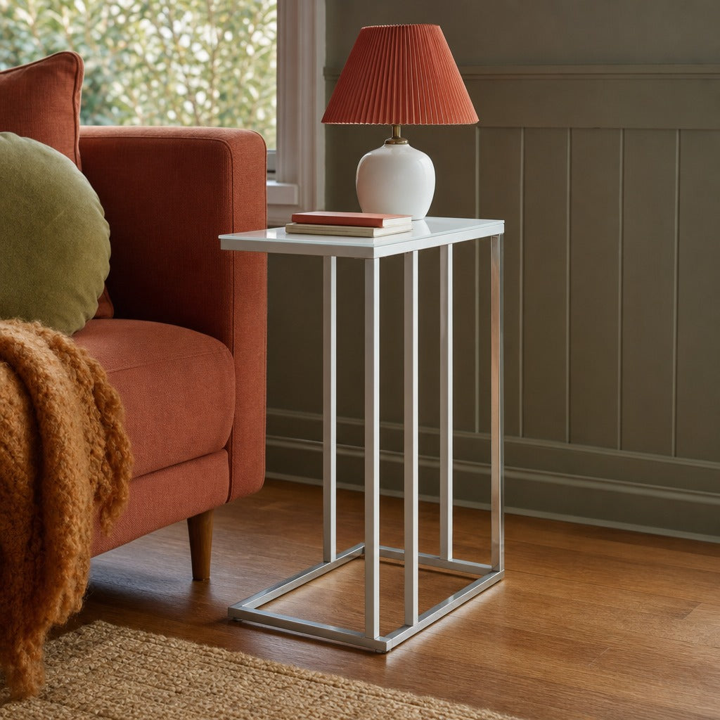 Stella White Glass Top C Shaped Sofa Side Table Chrome styled in Portland Montavilla cottage living room - What&