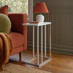 Stella White Glass Top C Shaped Sofa Side Table Chrome styled in Portland Montavilla cottage living room - What&