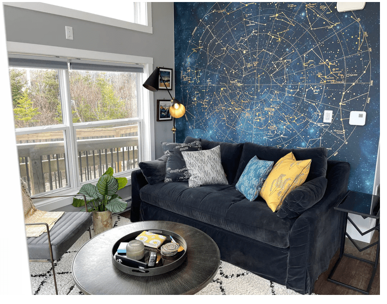 Stellar Round Coffee Table in Antique Brass lifestyle setting - antique brass round coffee table by LH Imports - Whats New Furniture Portland OR