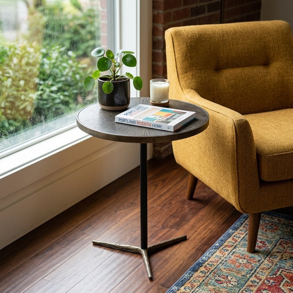 Stellar Side Table in Brass secondary lifestyle setting - round side table by LH Imports - Whats New Furniture Portland OR