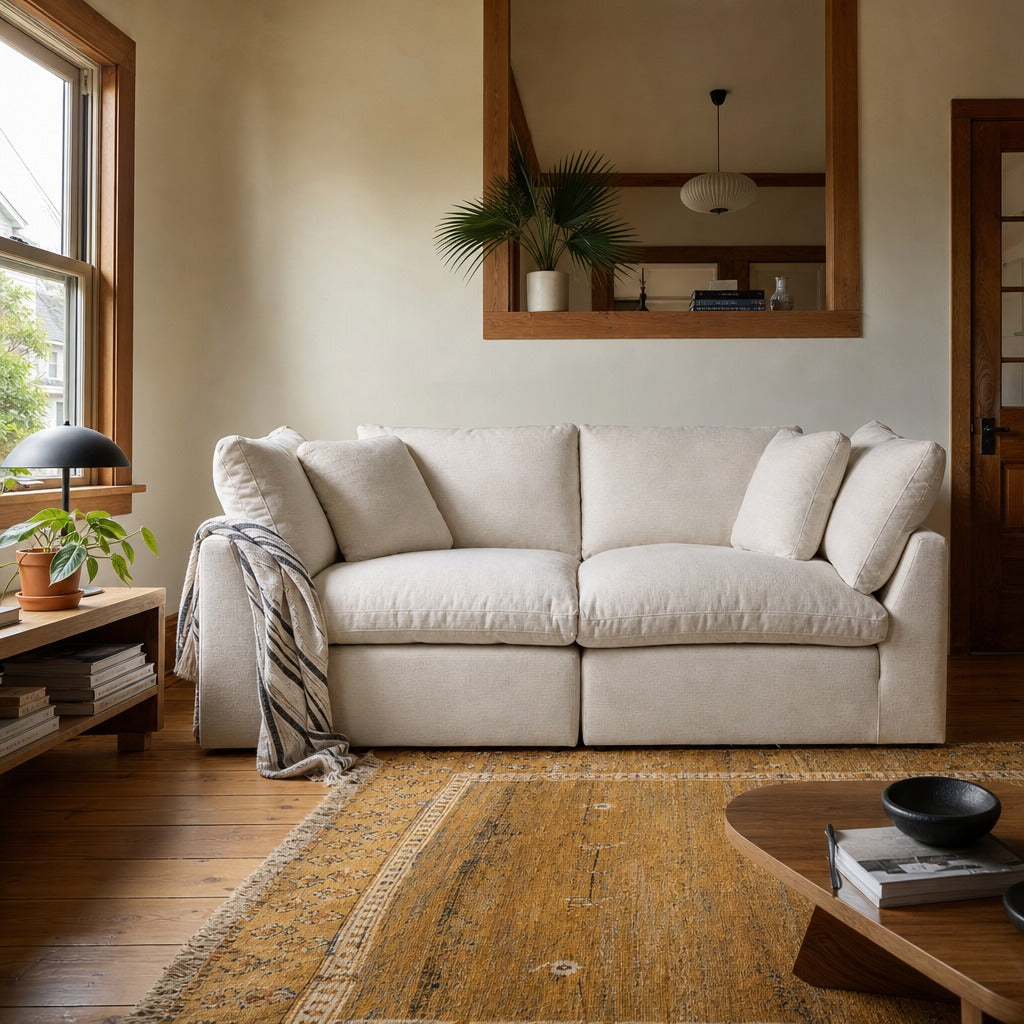 Stevie 2-Piece Sectional in Crypton Nomad Snow styled in Portland St. Johns bungalow living room - Whats New Furniture