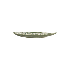 Stoneware Leaf Shaped Plate in green, side profile showing the shallow well and flat foot - serveware by Creative Co-Op - Whats New Furniture Portland OR
