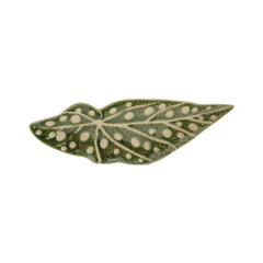 Stoneware Leaf Shaped Plate in green with cream wax-relief spots, top view - serveware by Creative Co-Op - Whats New Furniture Portland OR