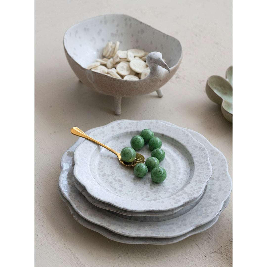 8" Stoneware Scalloped Plate White Speckled - overhead with a speckled scalloped bowl - Creative Co-Op - What&