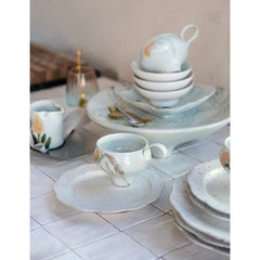 8" Stoneware Scalloped Plate White Speckled - styled on a set table with stacked plates - Creative Co-Op - What&