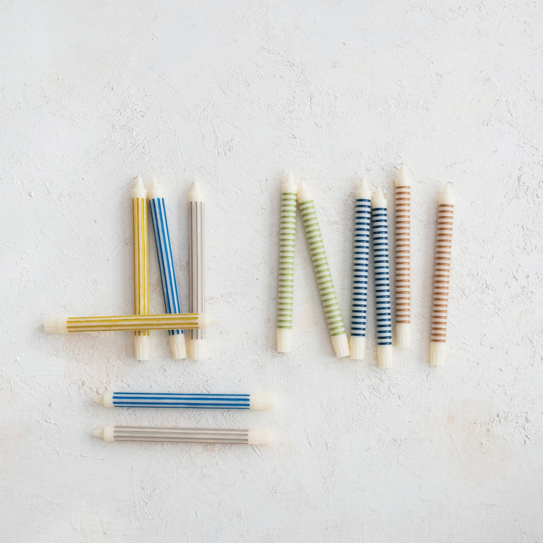 Chartreuse striped taper candles in retail box - Creative Co-Op - Whats New Furniture Portland OR