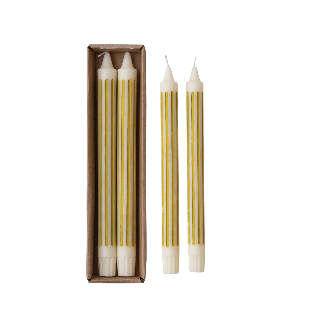 Chartreuse striped taper candles set of two front view - Creative Co-Op - Whats New Furniture Portland OR
