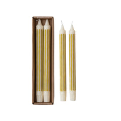 Chartreuse striped taper candles set of two front view - Creative Co-Op - Whats New Furniture Portland OR
