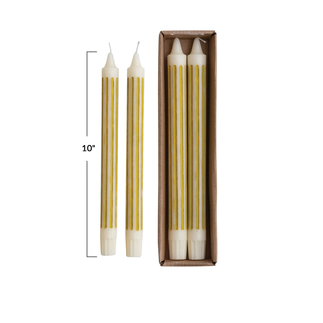 Single chartreuse striped taper candle close view - Creative Co-Op - Whats New Furniture Portland OR