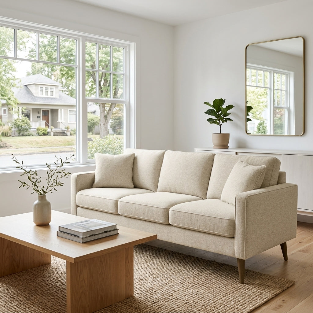 Adel Sofa in Alden Cloud styled in Portland living room - Whats New Furniture