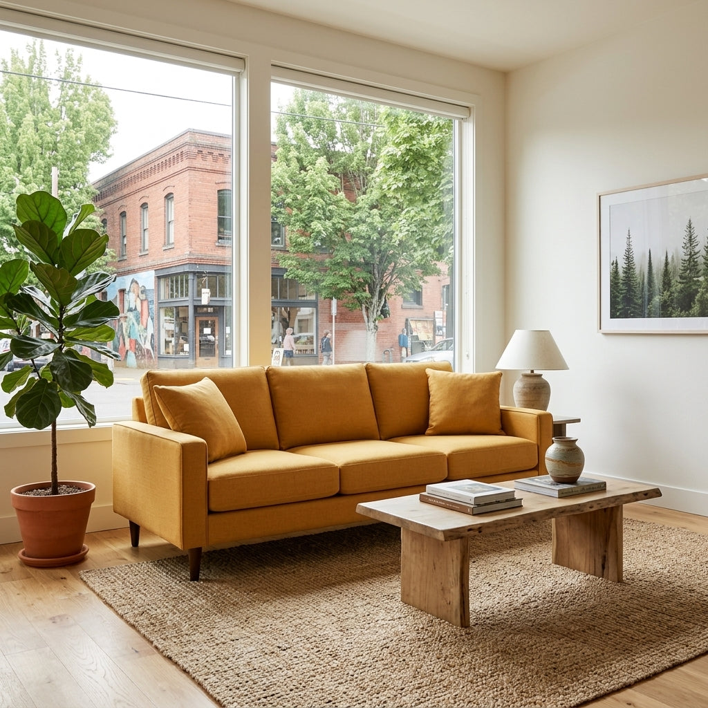 Adel Sofa in Entice Honey styled in Portland living room - Whats New Furniture