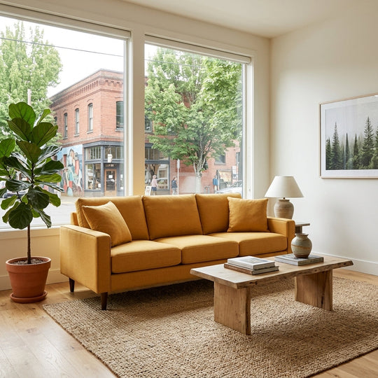 Adel Sofa in Entice Honey styled in Portland living room - Whats New Furniture