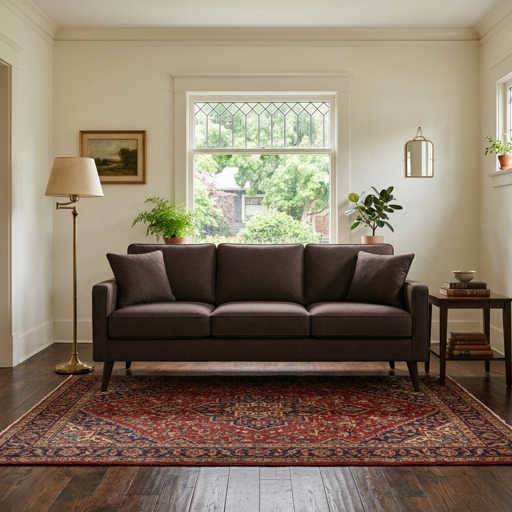 Adel Sofa in Ramp Espresso styled in Portland living room - Whats New Furniture